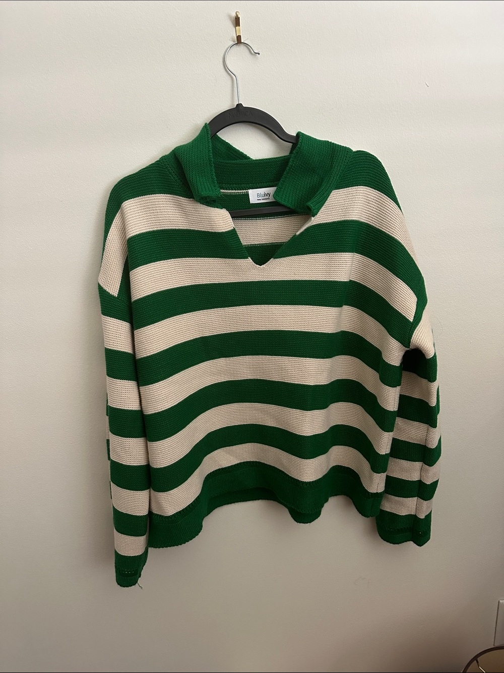 Bluivy Green and Cream Striped V-Neck Sweater